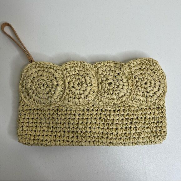 Talbots Paper Straw Gold Metallic Tan Leather Trim Top Zip Clutch Bag Strap - Picture 4 of 11